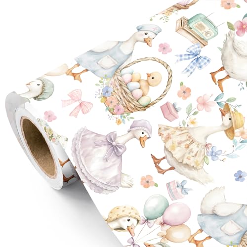 RUSPEPA Geschenkpapierrolle Lustige Gans Für Ostern 43 2Cm X 5M Geschenkpapier Mit Aquarellblumen Ei Schleife Und Lustiger Gans Perfekt Für Ostern Frühling Kindergeburtstage Und Babypartys