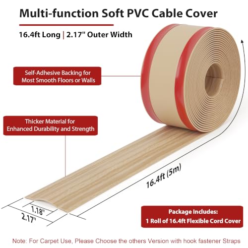 Image of ZhiYo 16.4ft Cord Cover for Wires on Floor or Wall, 2.2in Wide, Maple Wood | Soft PVC self-adhesive cord hider, easy to cut and install, ideal for 1-2 cables, extension cord, Ethernet and speaker cables