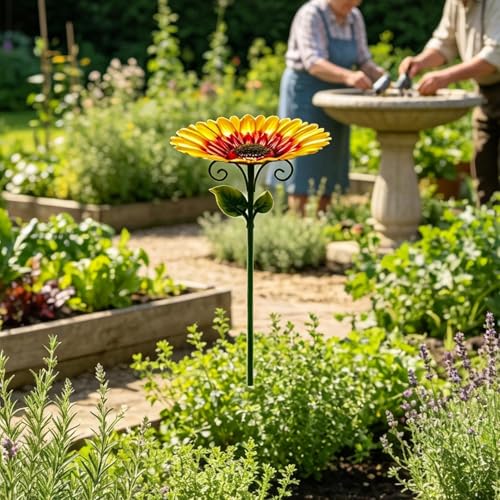 Bebedero para pájaros evita sequía en jardín con girasol 4