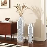 SHYFOY Jarrón decorativo de espejo con diamante triturado de 46 cm y 61,5 cm para el salón – Moderna y elegante jarra de plata decorativa de cristal para flores secas – Decoración elegante y