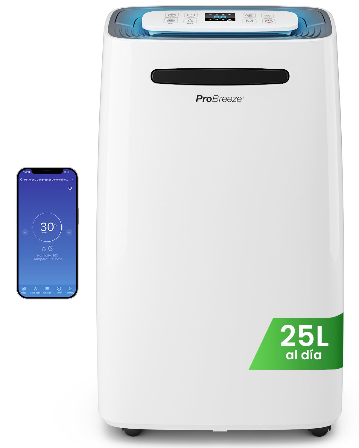 Pro Breeze deshumidificador inteligente 25L/día con Wi-Fi, pantalla digital, modo ropa, drenaje continuo y temporizador para humedad y condensación
