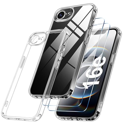 Qasyfanc Funda Compatible con iPhone 16e, Carcasa con Protección de La Cámara y 2 Protector Pantalla, TPU Protección Militar Anti-Choque Funda PC Anti-Arañazos Caso, Transparent