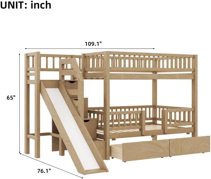 Diagram showing all components of the Polibi Twin Over Twin Bunk Bed with dimensions.