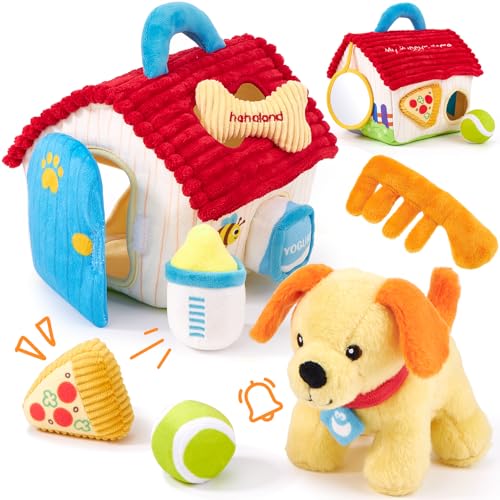 hahaland Giochi Neonato 6 Mesi - 8 PCS Set di Cane Peluche con Fienile & Corrispondenza delle Forme - Giocattolo Educativi per Bambini, Montessori Sensoriale Regalo Bimbo Bimba 6 9 12 Mesi
