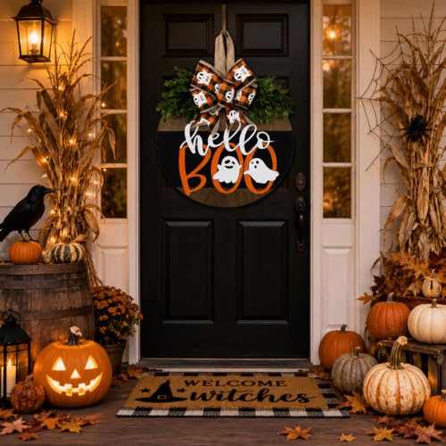 Image of Halloween Wreaths for Front Door Cute Ghost Hanger Sign Decorations Wreath (Hello Boo)