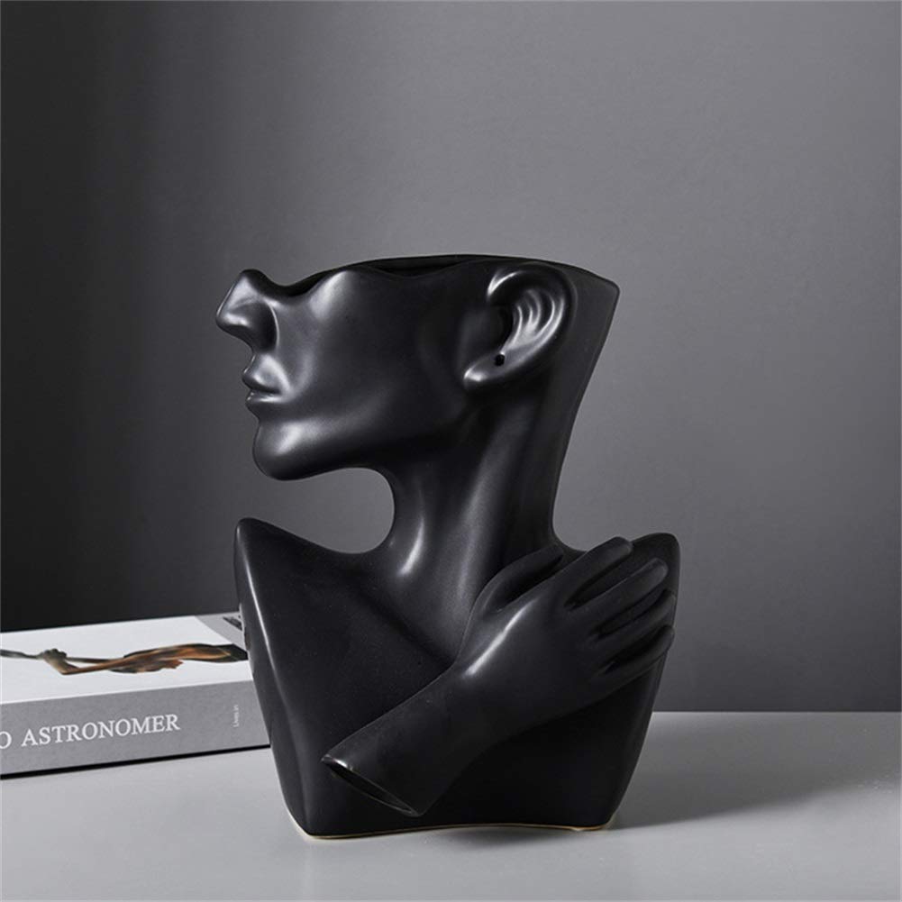 Head Flower Can Statue,Head Vase Face Planter Ceramic Small Plant Can Indoor Outdoor Succulent Planter Sculpture Artwork For Home Office Decoration Gift Black 21x13x25cm