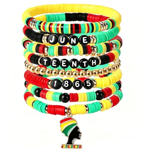 SPMatrix 8 PCS Juneteenth Clay Bead Bracelets African Friendship Jewelry for Outfit Shirts Black History Month Party Favors Adjustable Jamaica Bracelets Jamaican Accessories for Women Classroom Prizes