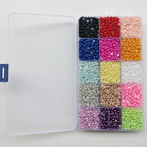 Chenkou Craft 10000pcs Assorted 15 Colors Imitation Half Flatback Pearl Bead 4mm Gem Scrapbook Craft DIY Beads + Plastic Box