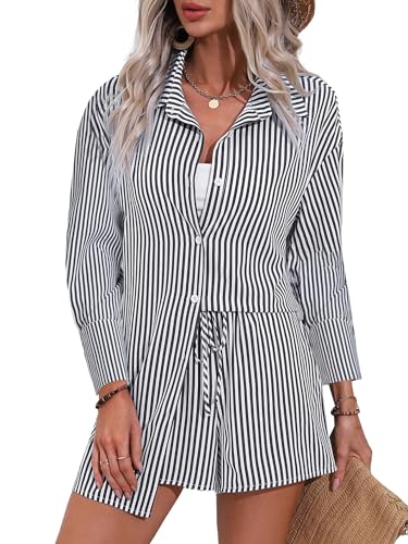 Women's 2 Piece Outfits Striped Button Down Long Sleeve Shirt and Drawstring Shorts Set Black XX-Large3