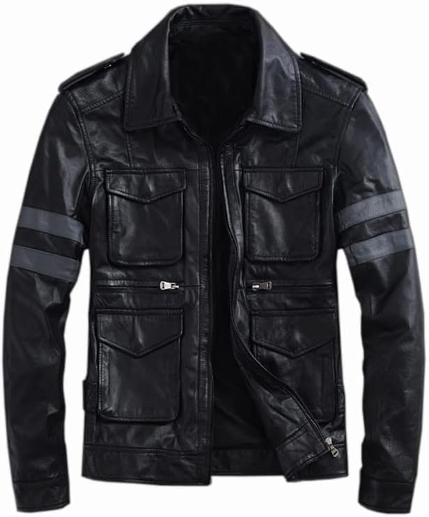 Men's Resident RE6 Evil Leon S Kennedy Leather Jacket | Motorcycle Leather Jacket with Stripes Sleeves