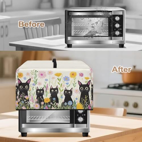 Image of Countertop Oven Cover Protective Toaster Oven Dust Cover Decorative Small Kitchen Appliance Protector for Countertop Decor, L, Cartoon Black Cat Daisy Flower