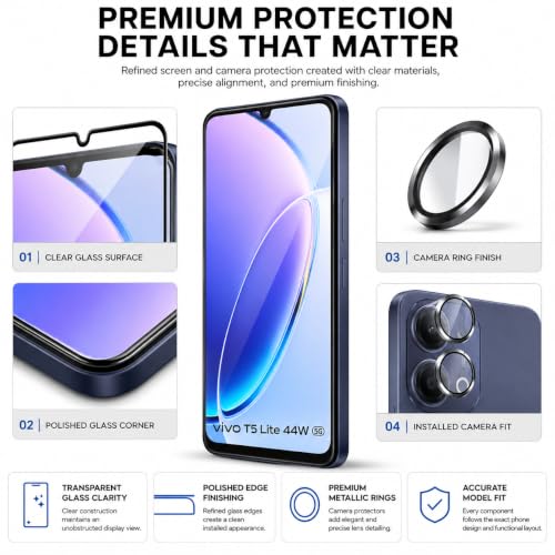 Image of FIRST MART Tempered Glass for Vivo T5 Lite 5G with Black Camera Ring Guard & Installation Kit | HD Clear Edge-to-Edge Screen Protector, Scratch Resistant, Case-Friendly | Pack of 1