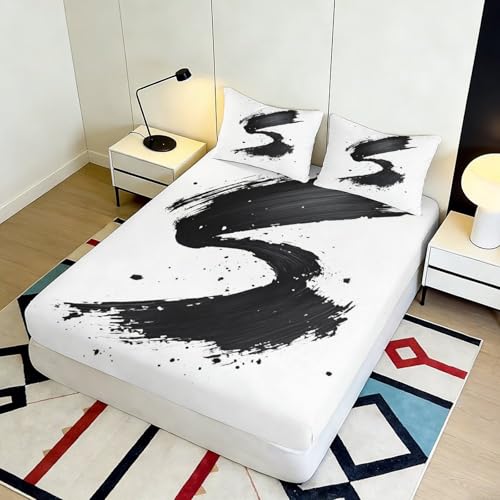 Drap housse splash noir microfibre douce lit 90x200x25cm 3D abstract