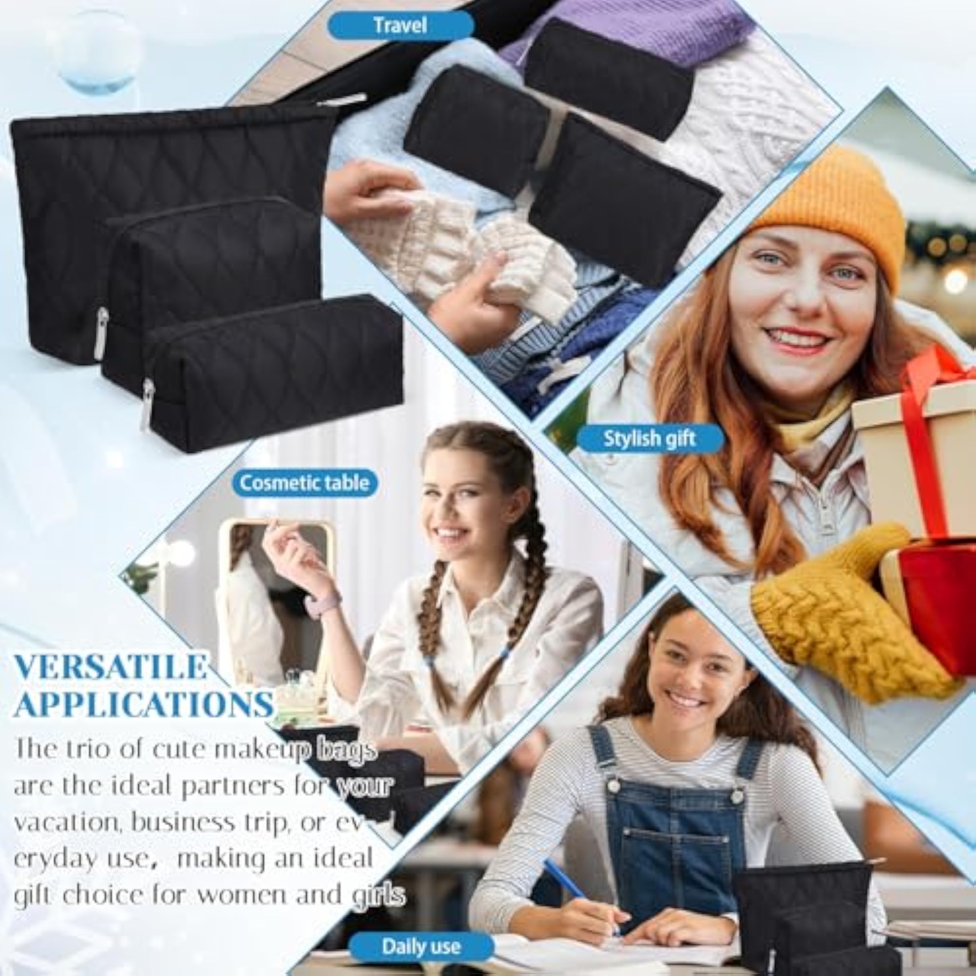 3 Pcs Puffy Makeup Bag for Women, Black Medium