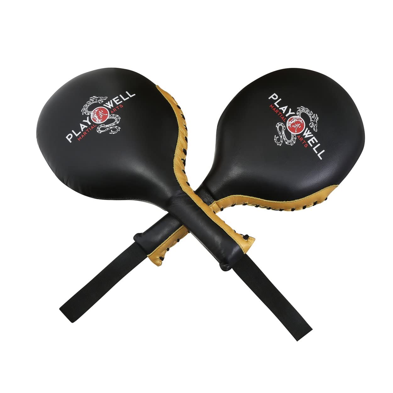 Playwell Champion Pro Paletas de boxeo de cuero genuino Negro/Oro Par