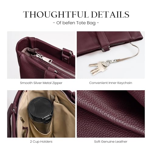 Image of befen Genuine Leather Work Tote Bag for Women with 15 inch Compartment | Real Leather, 15 inch Laptop Sleeve, Trolley Strap, Zipper, Cup Holder