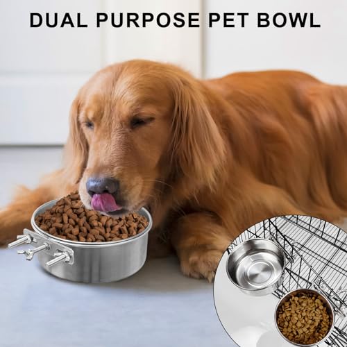 2 x Edelstahl-Fressnapf zum Aufhängen, mit drei Bolzenhaltern, Wassernapf, Futternapf für Hundehütte, Käfigkäfige, Haustiernapf für Hunde, Katzen, Vögel, Schwein, Kaninchen, robust, langlebig, mit