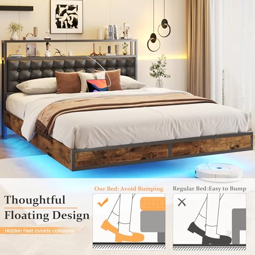 Image of HISOFT Floating Queen Bed Frame with 2-Tier Storage Headboard, Metal Queen Bed Frame with Charging Station & LED, Faux Leather, No Box Spring Needed, Noise Free, Easy to Assemble, Black Square