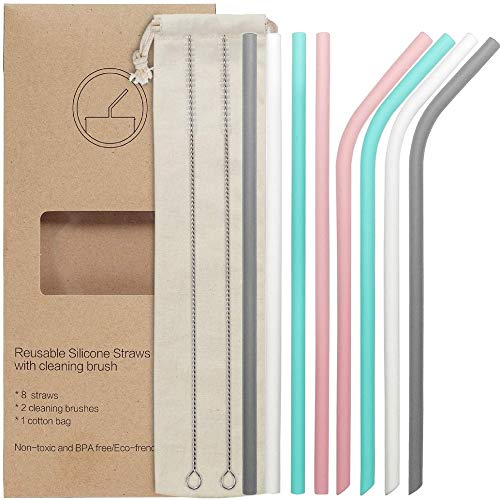 YIHONG Set of 8 Reusable Silicone Drinking Straws - Regular Size - 9.8 Inch Long -BPA Free - for 20oz and 30oz Tumblers- 4 Straight+4 Bent+2 Brushes+1 Pouch