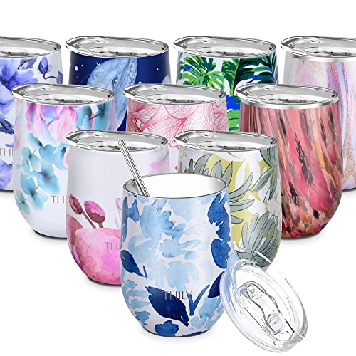 THILY Wine Tumbler Stainless Steel Insulated 350 ml Stemless Wine Glass with Slide Lid and Metal Straw