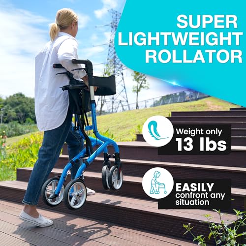 Image of PLANET WALK Super Lightweight Rollator Walker for Seniors, Foldable Rolling Walker with Seat and 8 inch Rubber Wheels for All Terrain, Unique Design Aluminium Frame Sturdy Walkers for Traveling - Blue