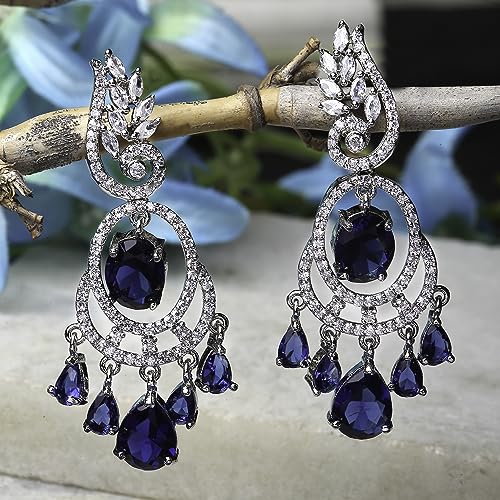 Image of ZENEME Rhodium-Plated American Diamond Studded Oval & Leaf Shaped Drop Earrings For Girls and Women