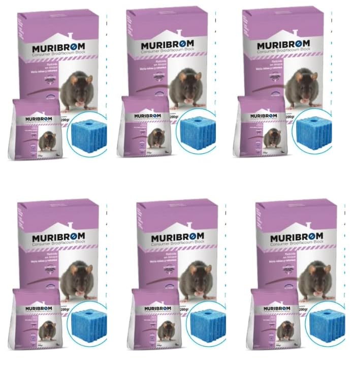 Peyca Raticida en Bloque Azul MURIBROM 200g para Ratas y Ratones, Listo para Usar, Resistente a la Humedad (brodifacoum 25ppm) (6, Azul)