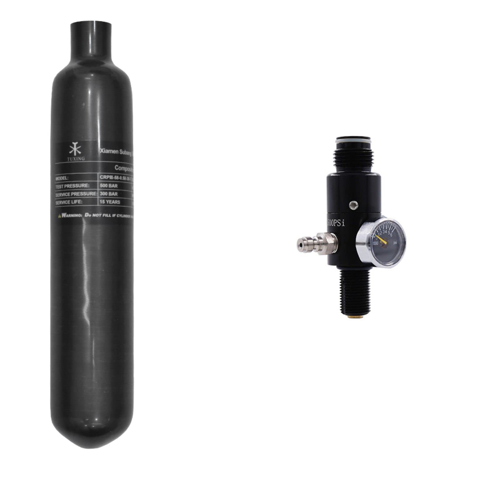 TUXING Réservoir d'air en fibre de carbone, 0,3 l/4500 psi, approuvé CE, système d'air comprimé PCP paintball avec valve de régulation (bouteille vide) (ensemble de deux jauges