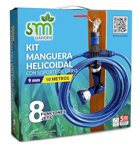 S&M 548635 – Kit de manguera helicoidal azul 10 metros (9 mm diámetro) + pistola multifunción 8 chorros + automático rosca hembra con adaptador ¾”-½” + conector rápido + soporte para grifo