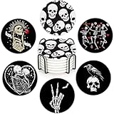 Coaster for Drinks Set of 6, Skeleton Skull Absorbing Round Ceramic Stone Coaster with Cork Base,Tabletop Protection Mat for Mugs and Cups,Coffee Table Wine Glass Home Bar 4 Inch