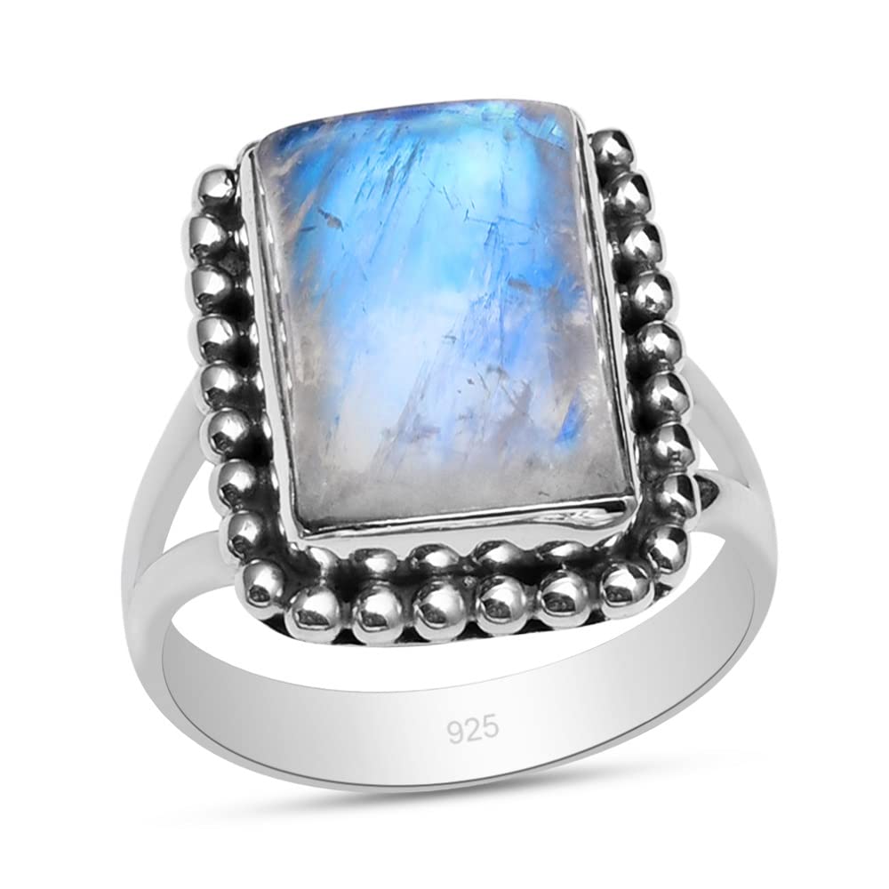 Anello in argento Sterling 925 con pietra di luna arcobaleno naturale con gambo diviso per donne e ragazze