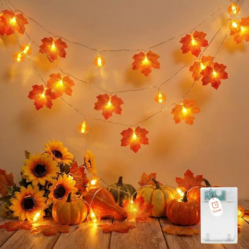 Afaiup Herbst Lichterkette 3M 20LED Timer Ahornblätter & Kürbis Herbstdeko