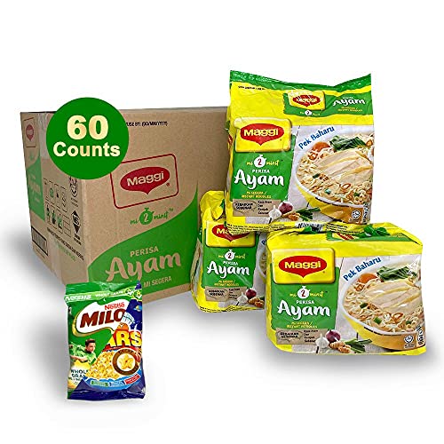 Maggie 60-Pack CHICKEN Instant Noodles and 1-Pack Nestle Cereal Snack Bundle (Milo or Koko Krunch or Honey Star, 30 g) - Nestle Maggi Mee AYAM Malaysian Noodle - 2 Minute Chicken Ramen Soup - Halal (77g x 60 counts)