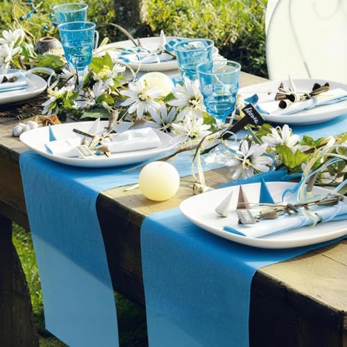 VOPIWOZ 30cm x 10m dekoratives Tischband, Vlies Tischläufer Blau, Tischläufer Frühling, Enthält 45 Holzfische Kommunion Deko, Taufe Deko Junge und Mädchen, Tischläufer Moderne für Konfirmation Deko