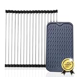 EveryKip Escurreplatos Acero Inoxidable 43CM*35CM [Incluye Alfombrilla] - Escurridor Fregadero Enrollable - Escurreplatos sobre Fregadero Plegable - Alfombrilla Escurreplatos Silicona