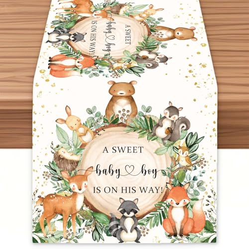 Woodland Baby Shower Table Runner, 13x72 Inch Forest Animals Kitchen