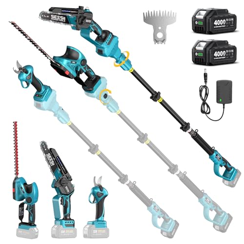 SEESII Cordless Pole Chainsaw, Hedge Trimmer, Pruning Shears, 4000mAh Battery Powered Extendable...