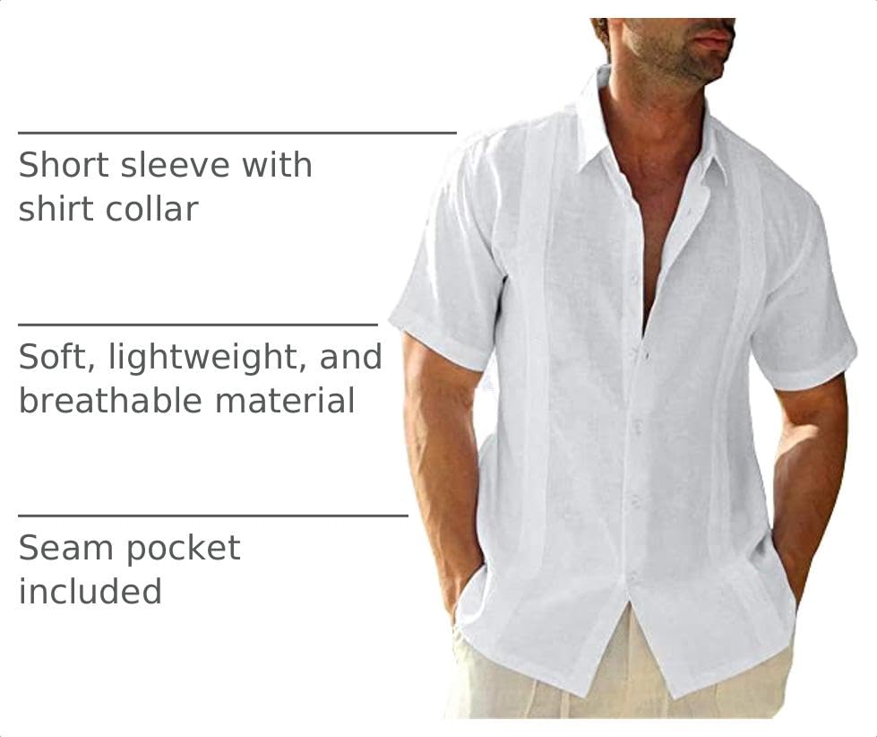 Image of JEKAOYI Mens Casual Linen Cotton Button Down Short Sleeve Shirts Cuban Camp Guayabera Beach Tops