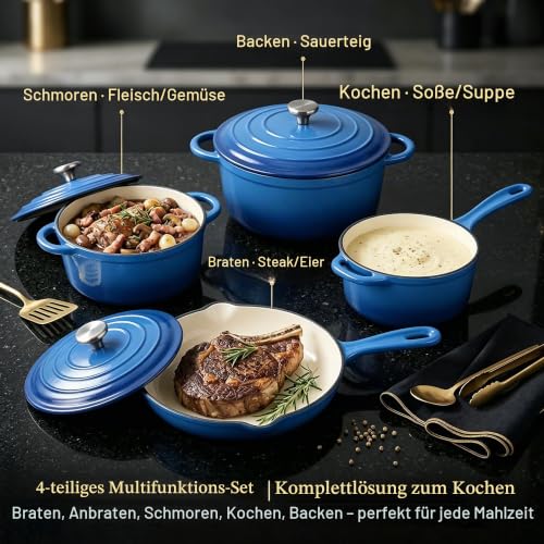 QuliMetal Emaille Gusseisen Kochgeschirr Set - 4-teiliges-Blau – Ansicht 6