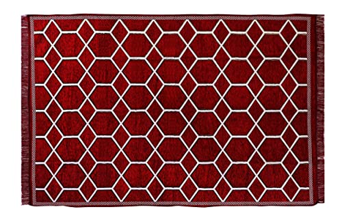 Image of Sparrow WorldGeometric Designer Superfine Exclusive Velvet Chenille Carpet /Area Rug /Bedside Runner (Maroon, 5 X 7 Feet (152.4 X 213.36 CM)