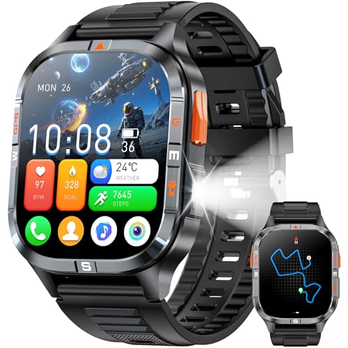 Military GPS Smart Watch for Men with Compass/Altitude/Flashlight,2.01" HD Screen Smart Watch with Voice Assistant/Bluetooth Calling,Smartwatch for Android&iOS, Activity Tracker Multiple Sport Modes