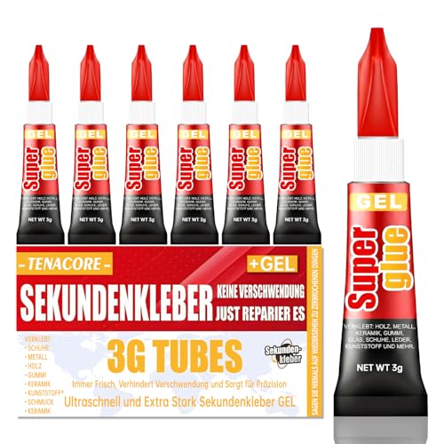 Tenacore 6 Stück Sekundenkleber Gel Sekundenkleber Extra Stark Alleskleber Superkleber Transparent Kontakt Kleber für Kunststoff Holz Porzellan Glasuvm.