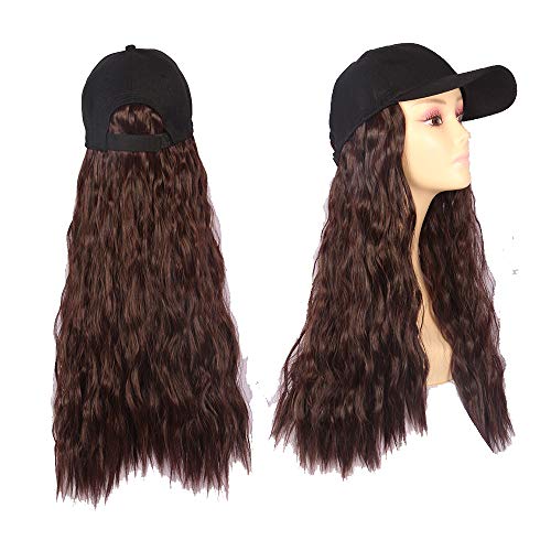 King Gift Baseball Hat with Hair Synthetic Long Wave Baseball Cap with Hair Brown Black Wavy Women Wig Hats with Hair Wavy Extensions