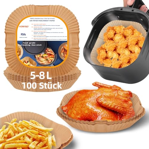 HONYAO Backpapier für Heißluftfritteuse XXL 5-8 L, 100 Stück Quadrat 20x20 cm Air fryer Backpapier Antihaft Einwegschalen Luftfritteuse Pergamentpapier Kompatibel mit COSORI,Philips,Cecotec Airfryer