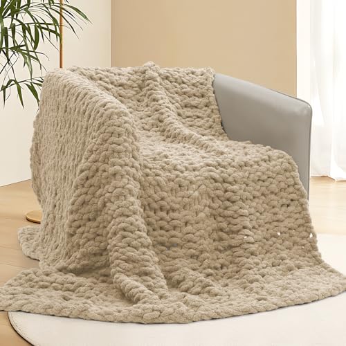 xffzroom Chunky Knit Blanket Throw, 40x40inch Soft Chenille Yarn Throw, Handmade Warm Thick Cable...