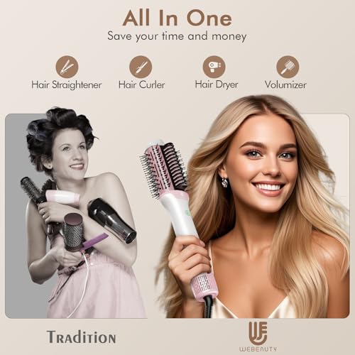 Image of 2-in-1 Blow Dryer Brush & Hair Straightener, Ionic & Ceramic Thermal Brush with Adjustable Heat & Cool Shot, 110000 RPM Motor High-Speed Motor for Frizz-Free, Smooth & Voluminous Hair, White with Comb