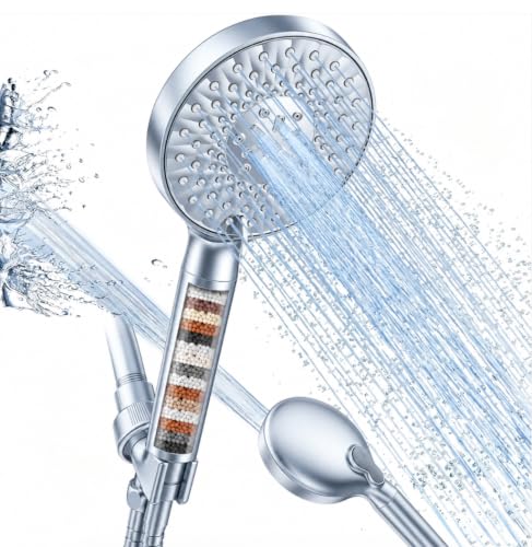 SR SUN RISE Filtered Shower Head with Handheld High Pressure 9 Spray Mode Showerhead Detachable Shower Head Water Softener Filters Beads for Hard Water Remove Chlorine 1 Filter 1.8GPM Silvery