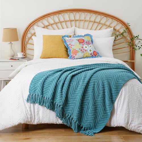 Image of BATTILO HOME Teal Throw Blanket for Couch, Knit Woven Turquoise Blanket Versatile for Chair, Super Soft Warm Decorative Blanket with Tassels for Bed, Sofa and Living Room, 60 inch x 80 inch