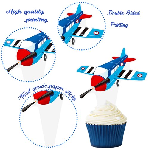 Airplane Cupcake Toppers Airplane Birthday Party Decorations 48PCS Plane Cupcake Picks Aircraft Helicopter Cake Decor for Aviation Theme Pilot Baby Shower Birthday Party Supplies by umoni - Used condition - Image 3