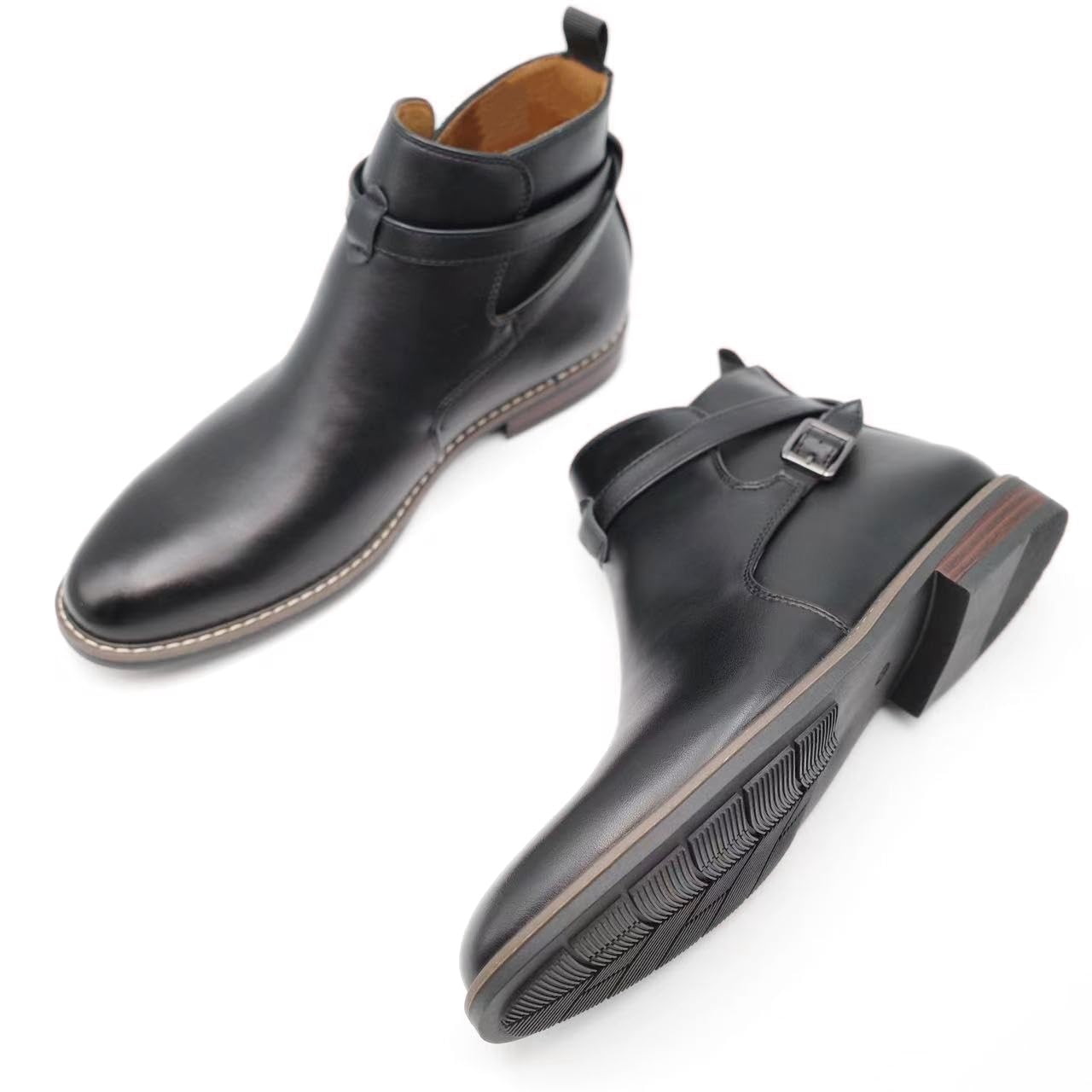 Finishing & Sewing Botines Chelsea para hombre de piel marrón con correa de hebilla